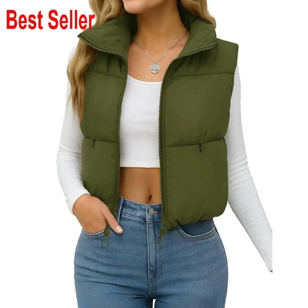 Cropped Puffer Vest Lightweight Warm Zip Up Fashion Stand Collar Chic Layering